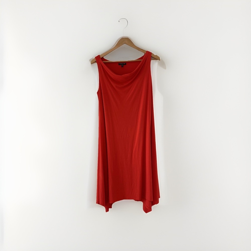 Eileen Fisher Shift Dress PM  Orange Cowl Neck Handkerchief Hem Sleeveless